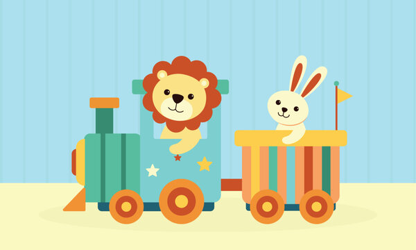 Lion and rabbit with locomotive vector illustration