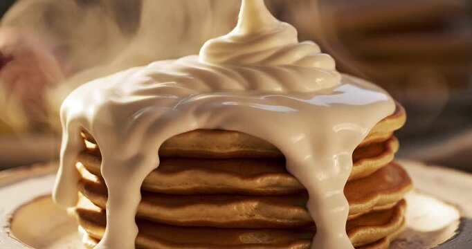 Stack of fluffy pancakes with creamy syrup drizzling on top, warm kitchen ambiance