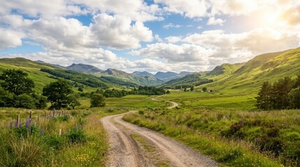 Fototapeta premium Scenic Winding Road Through Lush Hills Toward Bright Sun, a Beautiful Summer goes green towards