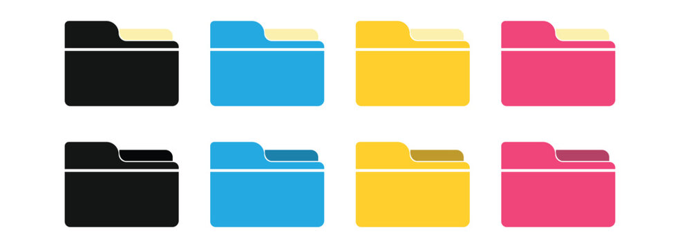 Set of  file folders icons for computer  interface, colorful document binder data archive, modern simple 3d yellow blue black flat vector symbol for website design. vector illustration