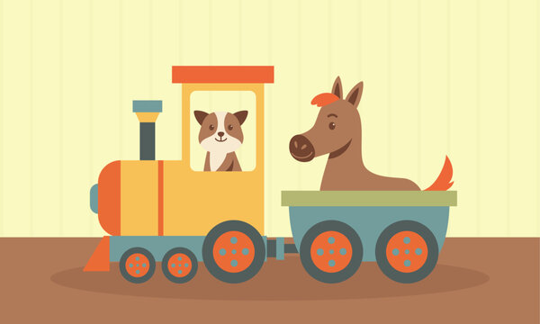 Puppy and donkey with locomotive vector illustration