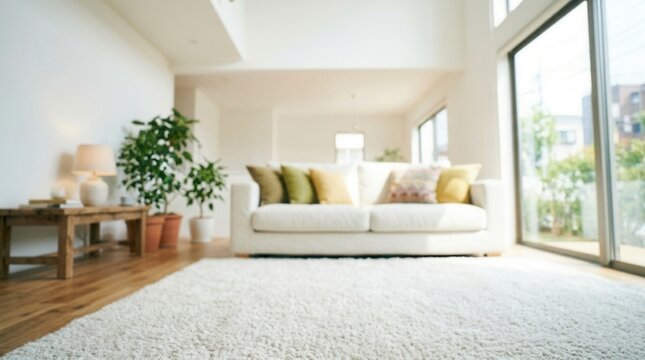 Stylish Living Room with Comfortable Sofa and Houseplants in Soft Focus Blurred view