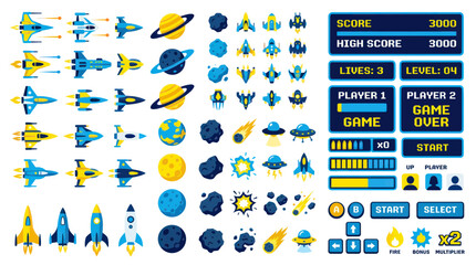 Retro arcade space shooter game assets with spaceships and ui kit © BUDI