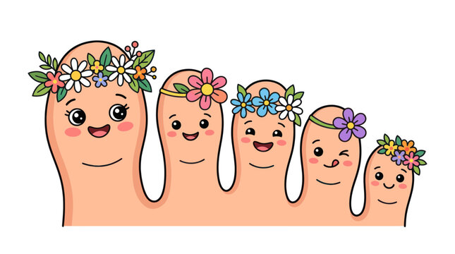 Happy cartoon toes with cute faces and colorful flower crowns