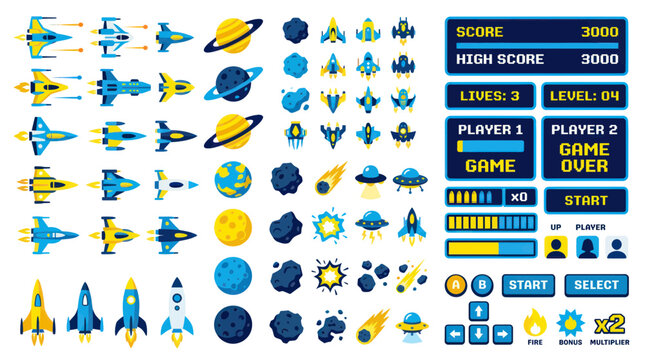 Retro arcade space shooter game assets with spaceships and ui kit