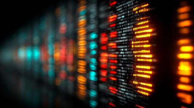 Digital data stream displays abstract glowing binary code sequences against a dark backdrop.