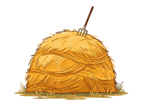 Haystack vector illustration with pitchfork on farm ground