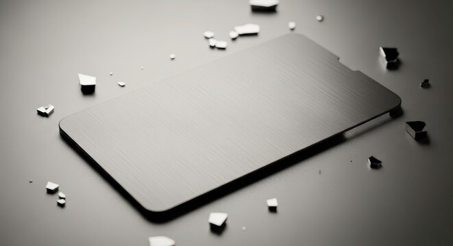 Broken tablet with shattered screen pieces.