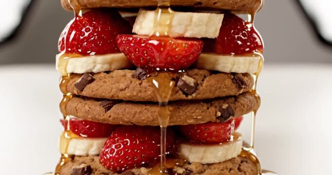 Stacked chocolate chip cookies layered with fresh strawberries and banana slices, drizzled with honey