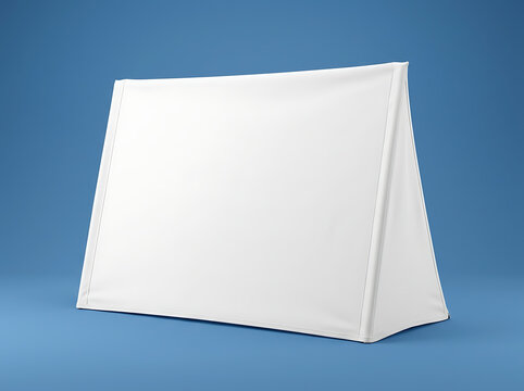 Blank mockup of white pop up a-frame banner stand for outdoor advertising isolated on blue background