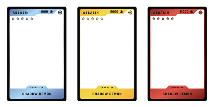 A set of three minimalist light-colored trading card templates with red accent borders and title bars, character name fields, star rating rows, and role name labels in dark red/shadow theme.