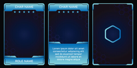 A trio of dark blue sci-fi trading card templates with cyan glowing hexagon icons, sleek futuristic borders, character name labels, star ratings, and role name fields. © Farhan