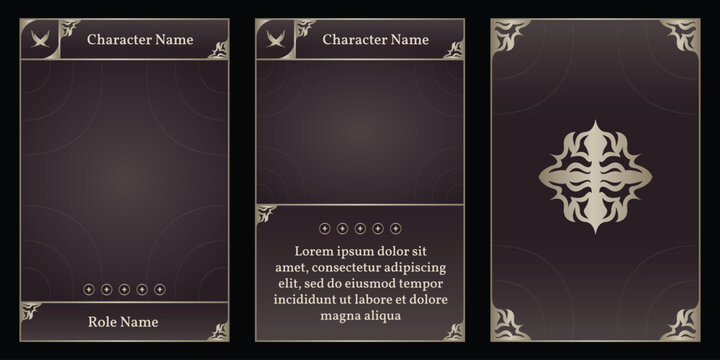 A set of three dark brown and grey premium trading card templates with ornate heraldic emblem, elegant borders, character name fields, star ratings, and role name labels.