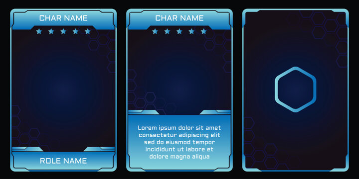 A trio of dark blue sci-fi trading card templates with cyan glowing hexagon icons, sleek futuristic borders, character name labels, star ratings, and role name fields.
