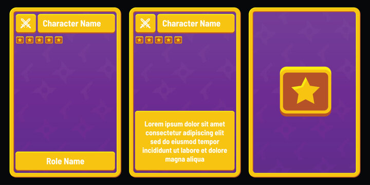 A vibrant set of three purple and gold trading card templates featuring bold yellow borders, glowing star icons, character name badges with red close buttons, star rating rows, and role name fields.