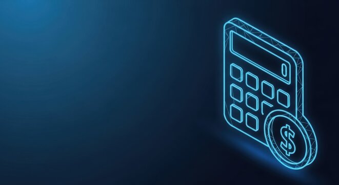Digital calculator glowing with neon blue light in an abstract geometric design on a dark background