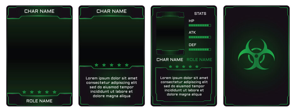 Set of four dark green biohazard-themed trading card templates with glowing green toxic symbol, grid backgrounds, stat bars, star ratings, and character name fields. Ideal for survival horror.
