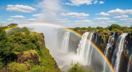Fototapeta premium Victoria falls zimbabwe majestic waterfall with vibrant rainbows and lush green vegetation