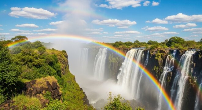 Victoria falls zimbabwe majestic waterfall with vibrant rainbows and lush green vegetation