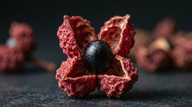 Extreme Macro Close-Up of Single Szechuan Peppercorn Split Open Showing Black Seed on Dark Background