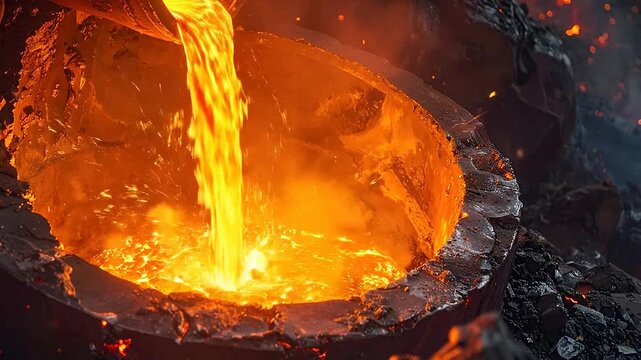 Molten metal pours into a large industrial crucible at a steel foundry