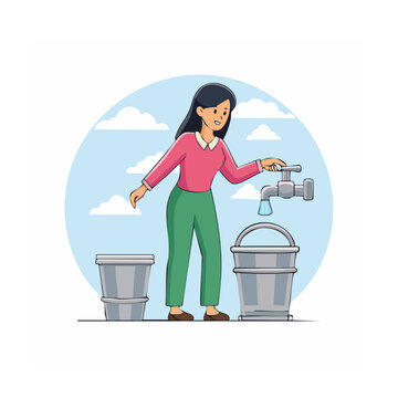Woman filling bucket from outdoor tap in flat vector style