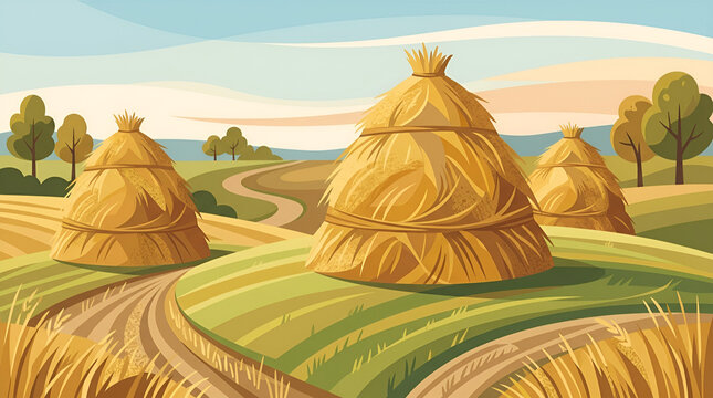 Rural farm field with golden haystack vector illustration