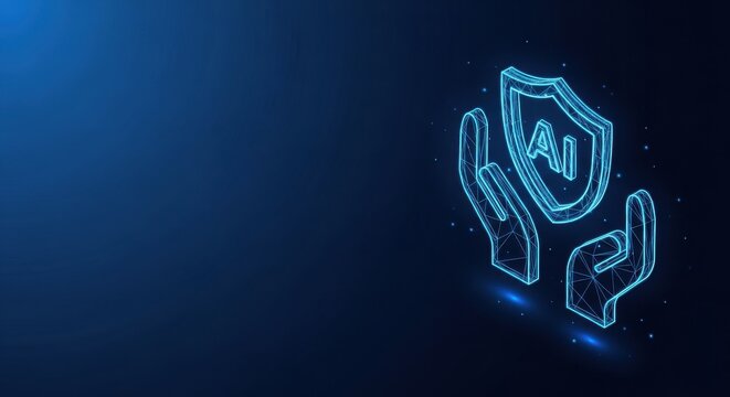 Artificial Intelligence Security and Data Protection Symbol with Glowing Neon Lines on a Digital Blue Background