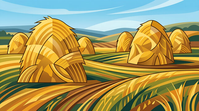 Haystack vector illustration of golden farm fields at harvest time