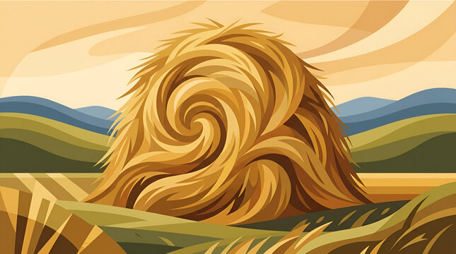Golden haystack vector illustration in scenic rural field landscape