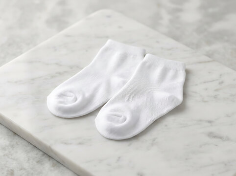 Blank white cotton ankle socks mockup on elegant marble surface for product presentation