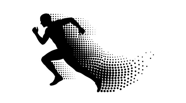 Dynamic Silhouette of a Running Athlete in Motion with Halftone Speed Effect Representing Energy and Performance