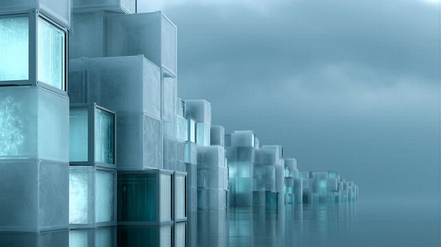 Massive stacks of glowing translucent blue ice block containers arranged like a futuristic cityscape on reflective surface symbolizing big data storage centers.