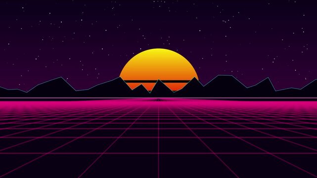 Retro Synthwave Outrun Grid and Neon Sunset over Silhouette Mountains Motion Loop