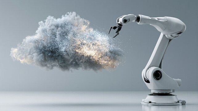 3D render of a white industrial robotic arm interacting with a glowing abstract cloud. Ideal for cloud computing networks, AI automation, big data processing, future smart technology concepts, and Ind