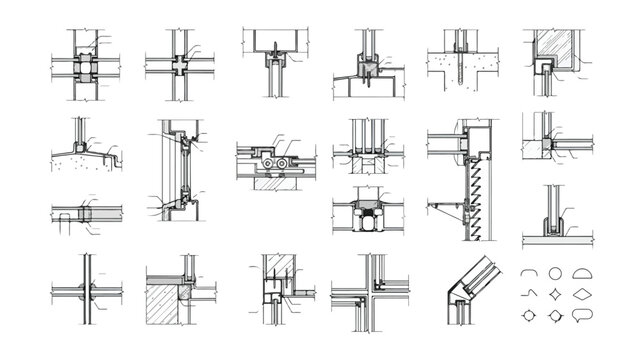 Architectural technical drawing set, 18 detailed construction cross-sections and engineering diagrams, black and white vector schematics
