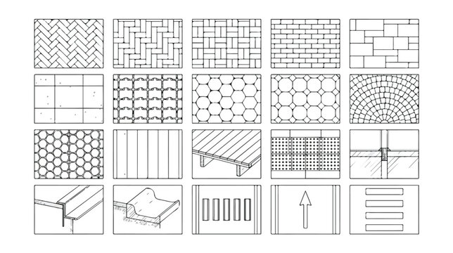 Architectural paving patterns and floor hatch set, 20 technical vector icons for landscape design, masonry brick and stone tiling textures