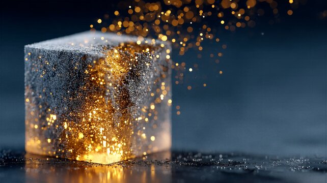 Glowing golden metallic cube emitting bright sparkling dust particles on dark background for luxury concepts or abstract power source.
