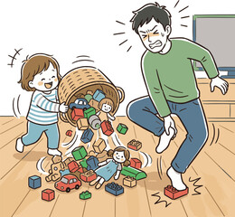 Naklejka premium Father stepping on a toy block in pain. Comic style line art parenting struggle vector illustration. 