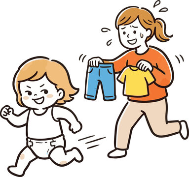 Toddler running away refusing to get dressed. Comic style line art with loose coloring vector illustration.
