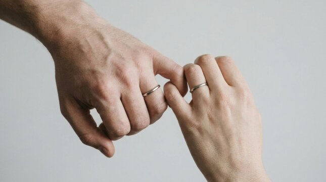 Close up of two hands with wedding rings symbolizing love and commitment in a soft neutral background