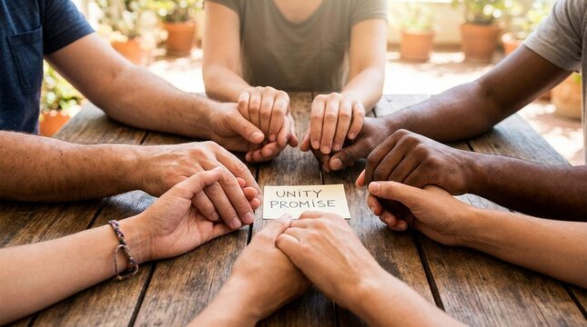 Group of individuals from various backgrounds joining hands over a unity pledge placed on a table in an outdoor environment