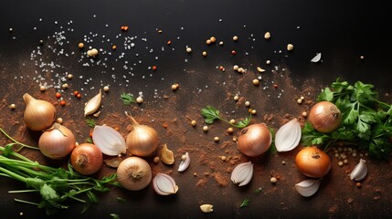Fototapeta premium Flying Onion Herbs and Spices Collage Isolated