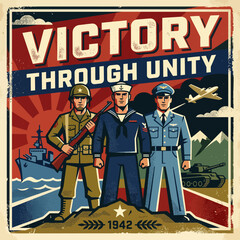 Victory Through Unity Retro Military Propaganda Poster with Soldiers Sailors and Airmen © Uni