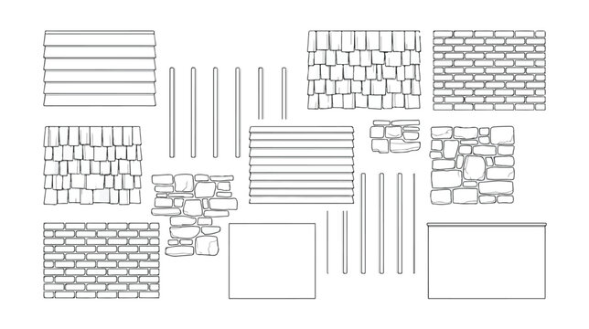 Architectural line art textures, building material patterns for house construction, brick and stone wall vector set, roof shingle and wood siding swatches