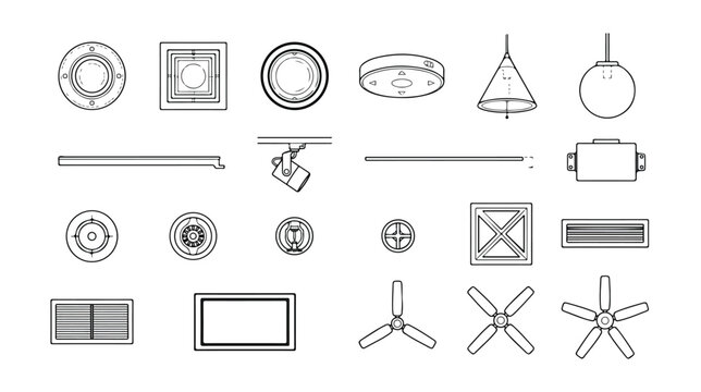 Architectural lighting symbols and ceiling fan icons, 20 technical CAD vector elements for interior design floor plans and electrical layouts