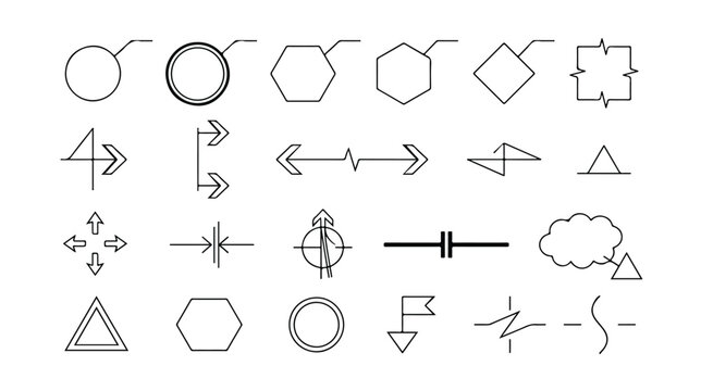 Technical engineering symbols and industrial blueprint icons set, black line drafting elements, 24 vector schematic signs for architectural plans