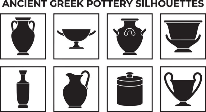 Traditional hellenic ceramic vessel set showing archaeological vase forms and historical museum artifacts isolated on white background.