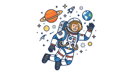 Astronaut floating in outer space among planets and stars © Muhammad