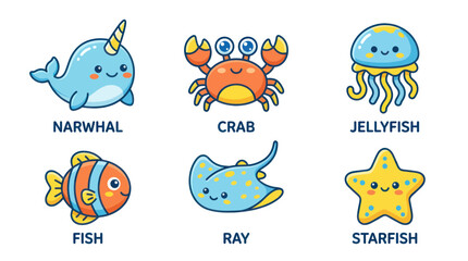 Kawaii marine life set with cute ocean animals in flat cartoon style © Muhammad